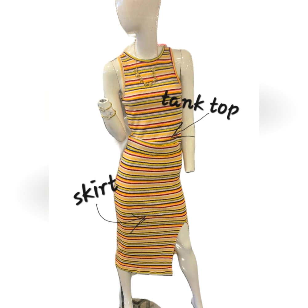 Buffalo David Bitton Ribbed Striped Tank Top & Skirt Set | 2-Piece Knit Outfit